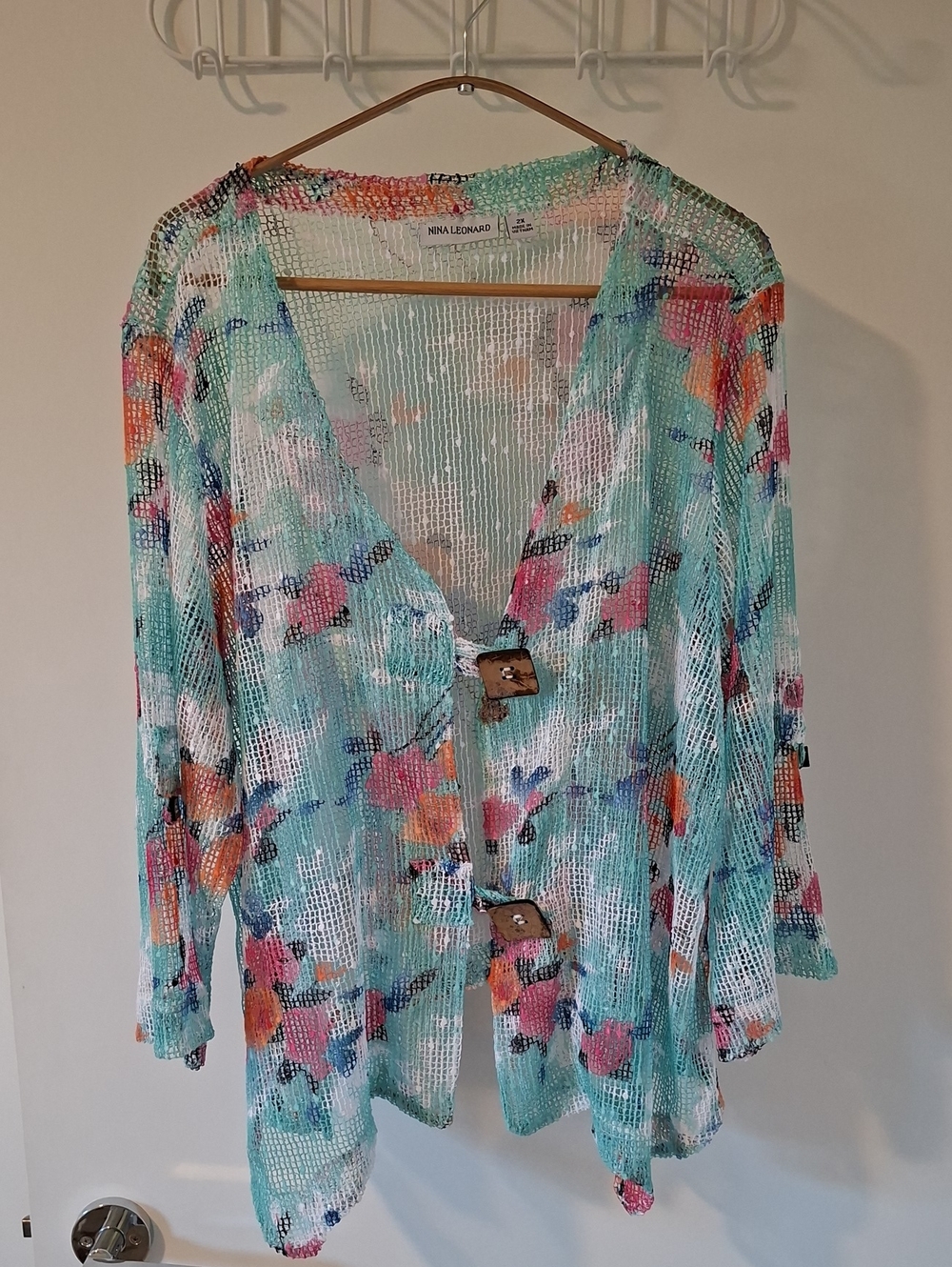 Blue & White Floral Knit Crochet Handkerchief Hem Lagenlook Cardigan (Size 2X)